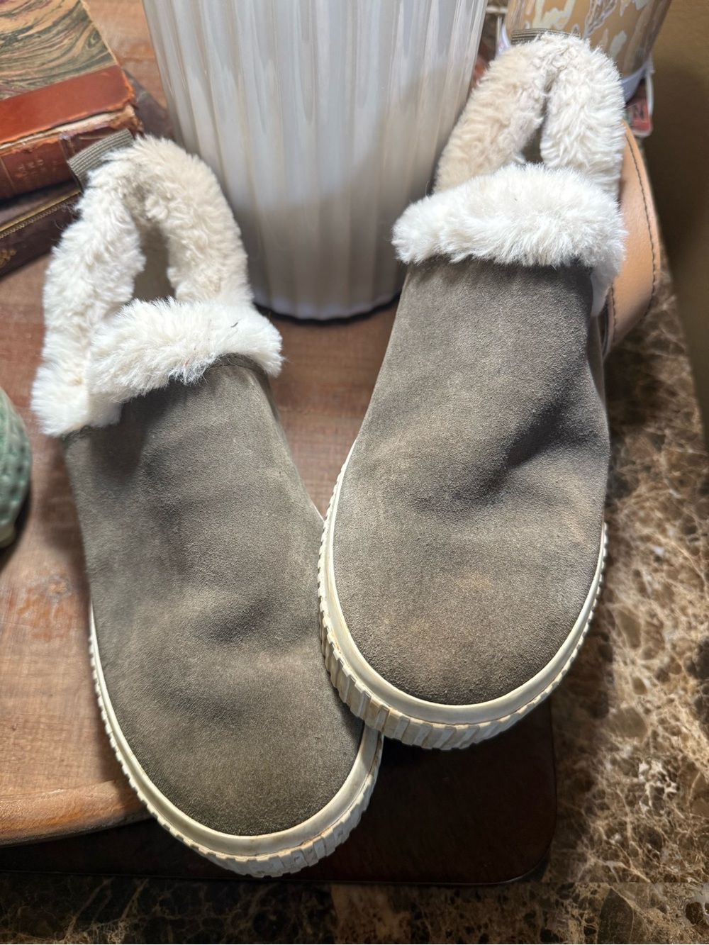 Timberland Women’s Suede Slip-On Sneakers with Faux Fur Trim - Taupe & Cream